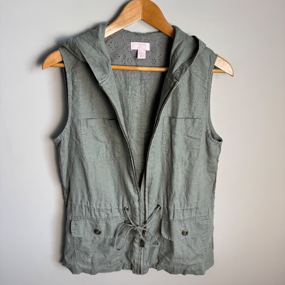 St. Tropez Women's 100% Linen Front Zip Vest with Hood Gray M Lagenlook Festival - Picture 6 of 13